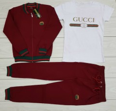 GUCCI Turkey Ladies 3 Pcs Sweatshirt + Pant + T-Shirt (WHITE - MAROON) (S - M - L - XL)