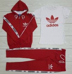 ADIDAS Turkey Ladies 3 Pcs Sweatshirt + Pant + T-Shirt (RED - WHITE) (S - M - L - XL ) 