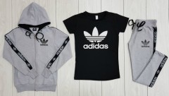 ADIDAS Turkey Ladies 3 Pcs Sweatshirt + Pant + T-Shirt (GRAY - GRAY) (S - M - L - XL) 