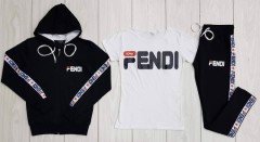 FENDI Turkey Ladies 3 Pcs Sweatshirt + Pant + T-Shirt (BLACK - WHITE) (S) 