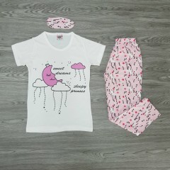 LILA  Girls Turkey 3Pcs Pyjama Set (WHITE-PINK)(7 to 14 Years)