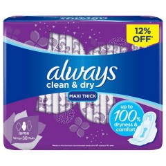 ALWAYS Clean & Dry Maxi Thick Large Sanitary Pads with Wings 30 Pads (MOS)(CARGO)