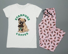 STARPUGS AND COFFEE Ladies Turkey 2Pcs Pyjama Set (WHITE - PINK) (S - M - L - XL)