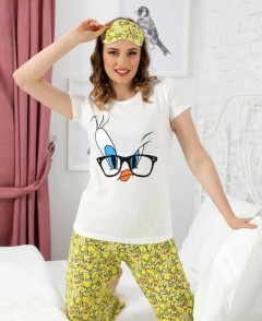 CLM Ladies Turkey 3 Pcs Pyjama Set (YELLOW- WHITE) (S - M - L - XL)