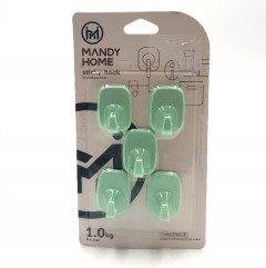 MANDY HOME  5 Pcs Plastic Self Adhesive Wall Hooks Hanger (GREEN) (GM)
